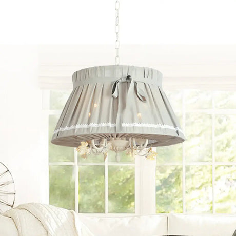 Traditional Fabric Drum Pendant Chandelier - Beige Hanging Light Fixture For Dining Room (4 Lights)