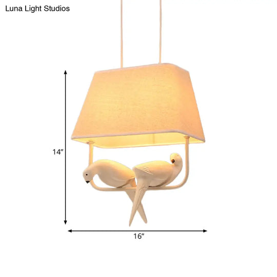 Traditional Fabric Trapezoid Hanging Light Kit - White Pendant Lighting With Bird