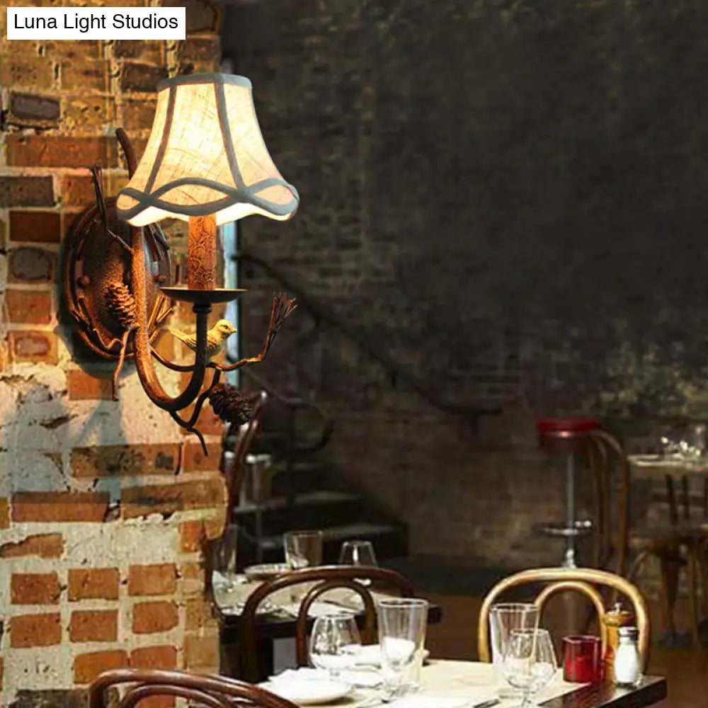 Traditional Flared Brown Fabric Wall Light With Decorative Bird And Pinecone - Perfect For