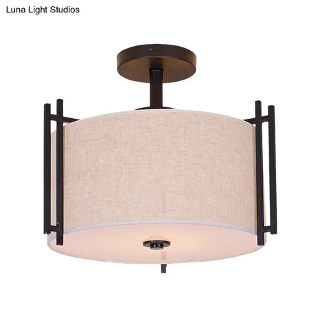 Traditional Flaxen Fabric Drum Ceiling Mount Light For Living Room