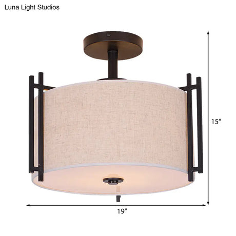 Traditional Flaxen Fabric Drum Ceiling Mount Light For Living Room