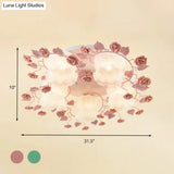 Traditional Floral Glass Ceiling Fixture With Flush Mount For Living Room 3/5 Bulbs In Pink/Green