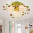 Traditional Floral Glass Ceiling Fixture With Flush Mount For Living Room 3/5 Bulbs In Pink/Green 3