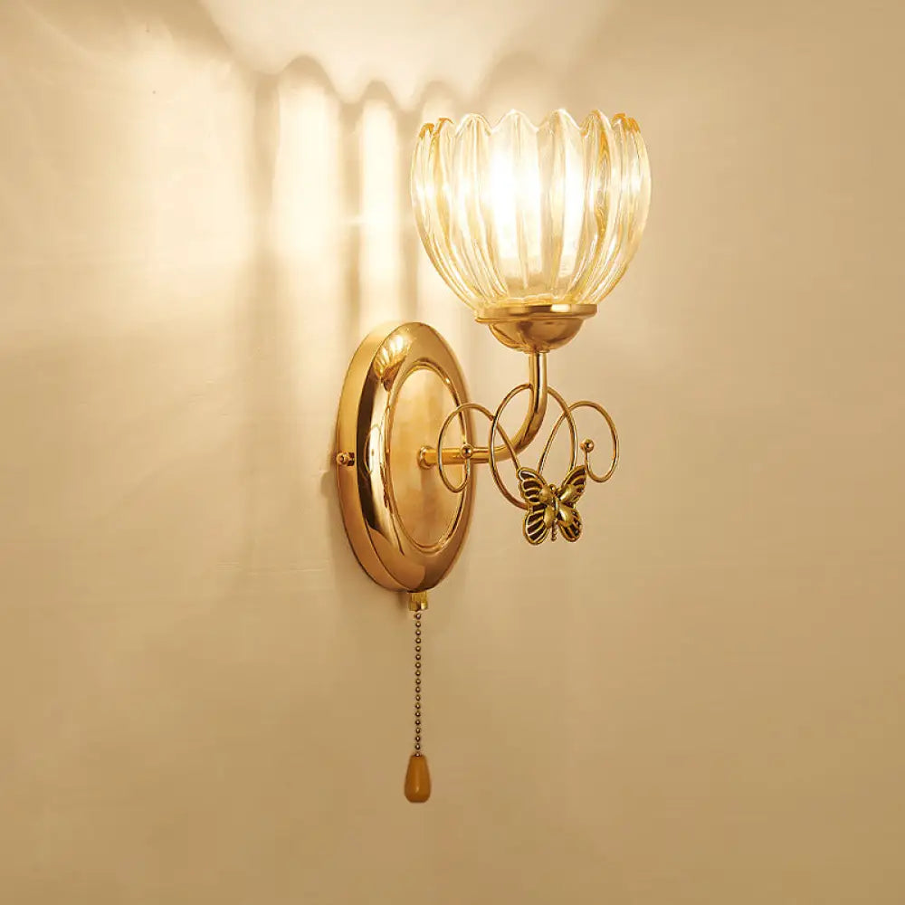 Traditional Floral Living Room Wall Mount Light With Textured Glass And Gold Fixture 1 / A