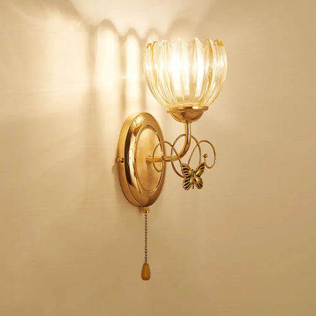 Traditional Floral Living Room Wall Mount Light With Textured Glass And Gold Fixture 1 / A