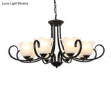 Traditional Flower Shape Frosted Glass Ceiling Chandelier With Black Finish - Ideal For Living Room