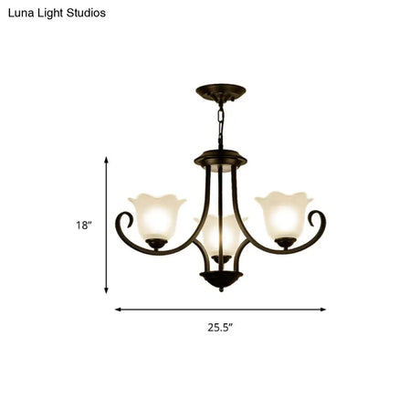 Traditional Flower Shape Frosted Glass Ceiling Chandelier With Black Finish - Ideal For Living Room