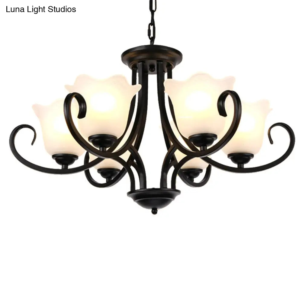 Traditional Flower Shape Frosted Glass Ceiling Chandelier With Black Finish - Ideal For Living Room