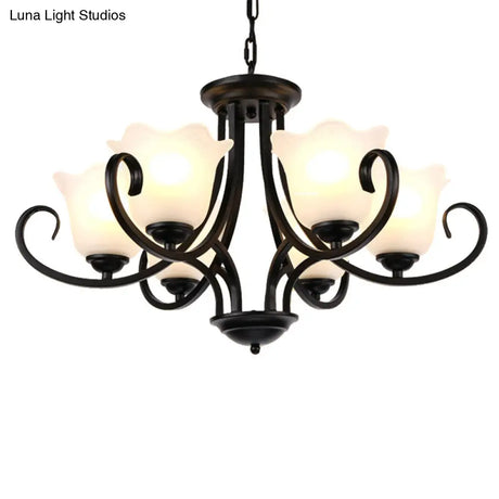 Traditional Flower Shape Frosted Glass Ceiling Chandelier With Black Finish - Ideal For Living Room