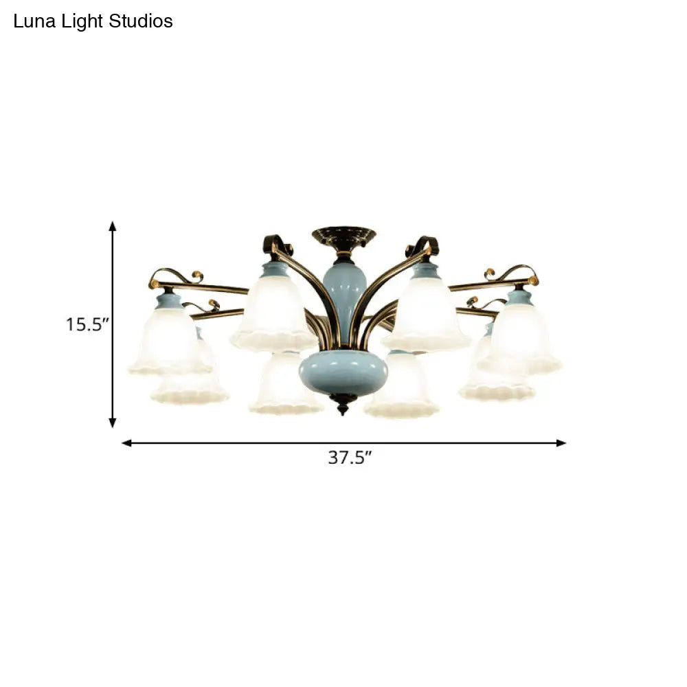 Traditional Flower White Glass Semi-Flush Ceiling Light - Bedroom Lamp (6/8 Heads)