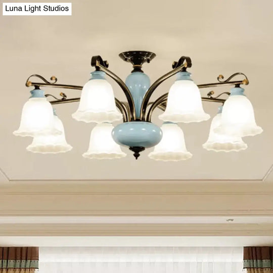 Traditional Flower White Glass Semi-Flush Ceiling Light - Bedroom Lamp (6/8 Heads) 8 /