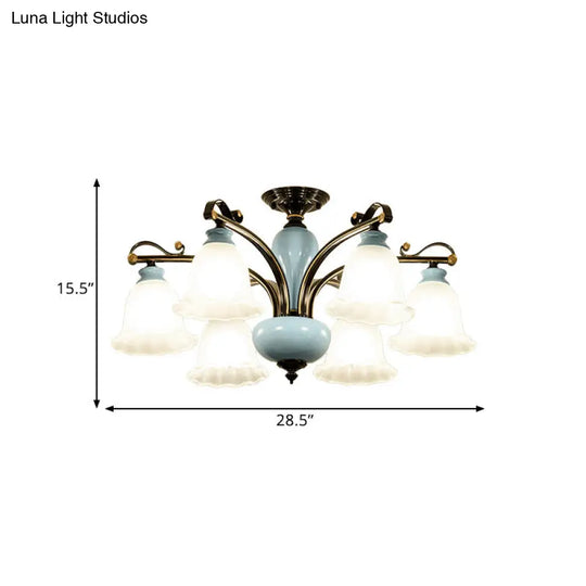 Traditional Flower White Glass Semi-Flush Ceiling Light - Bedroom Lamp (6/8 Heads)