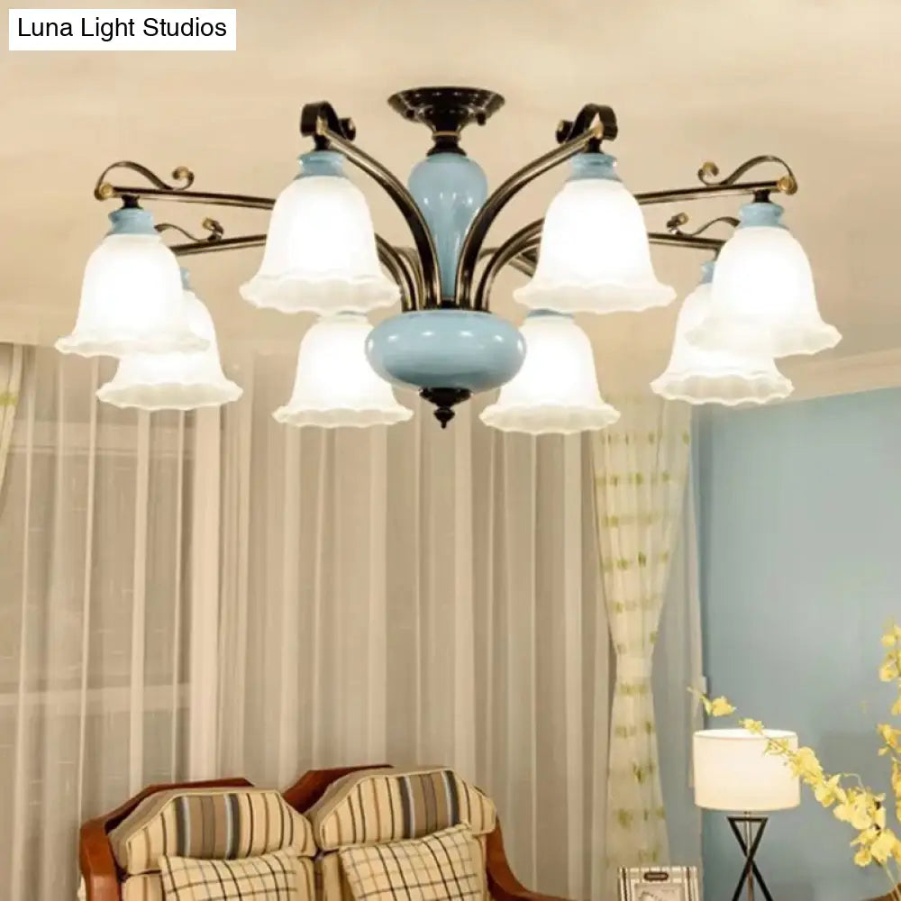 Traditional Flower White Glass Semi-Flush Ceiling Light - Bedroom Lamp (6/8 Heads)
