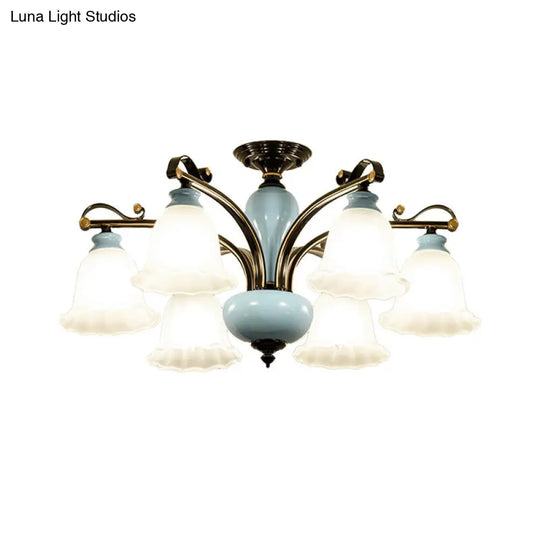 Traditional Flower White Glass Semi-Flush Ceiling Light - Bedroom Lamp (6/8 Heads)