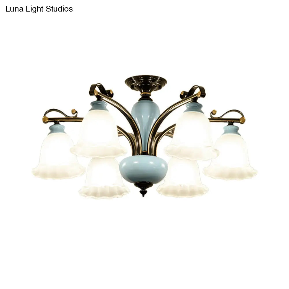 Traditional Flower White Glass Semi-Flush Ceiling Light - Bedroom Lamp (6/8 Heads)