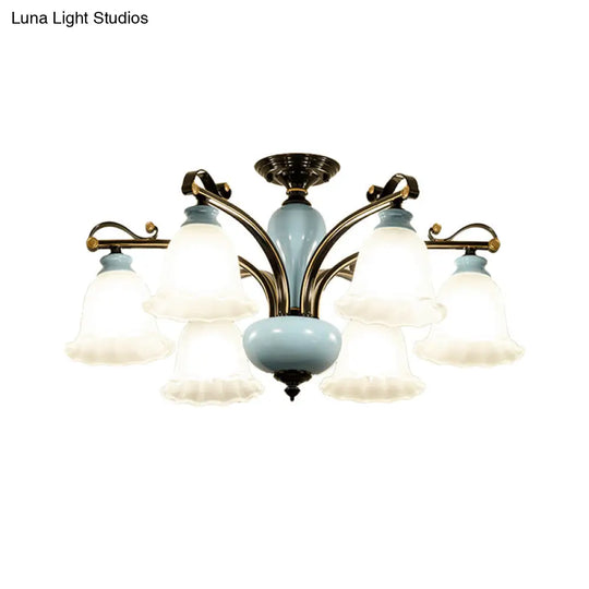 Traditional Flower White Glass Semi-Flush Ceiling Light - Bedroom Lamp (6/8 Heads)