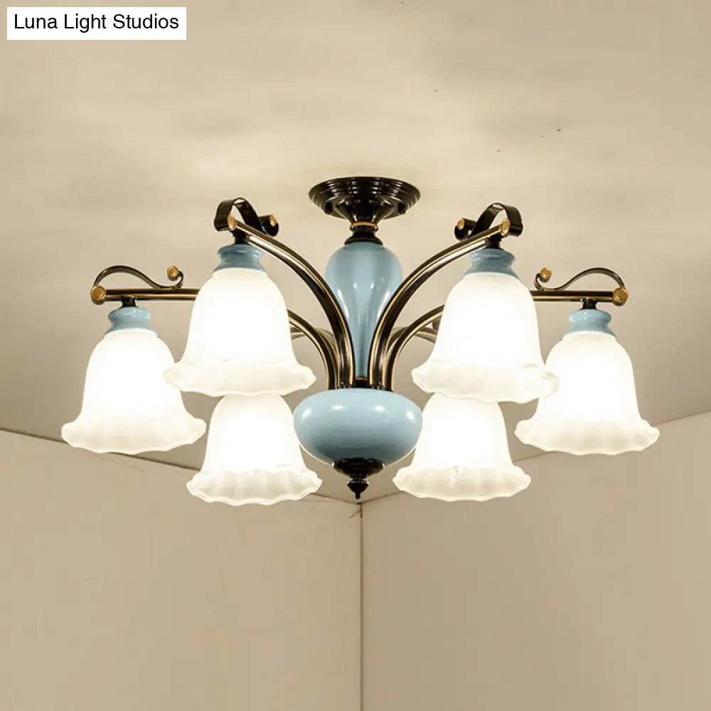 Traditional Flower White Glass Semi-Flush Ceiling Light - Bedroom Lamp (6/8 Heads) 6 /