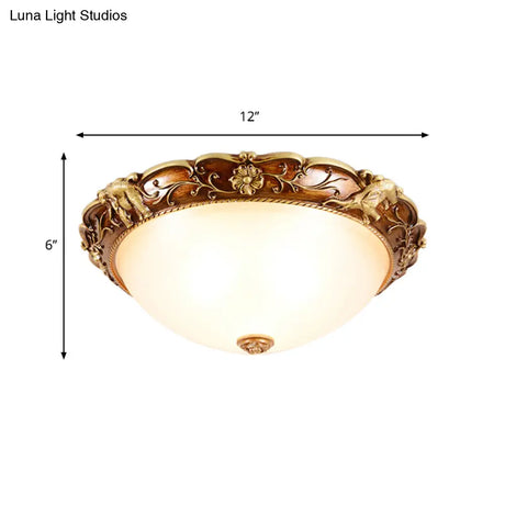 Traditional Flush Mount Ceiling Lighting With Floral And Elephant Deco In Brown - 3 - Light Bowl