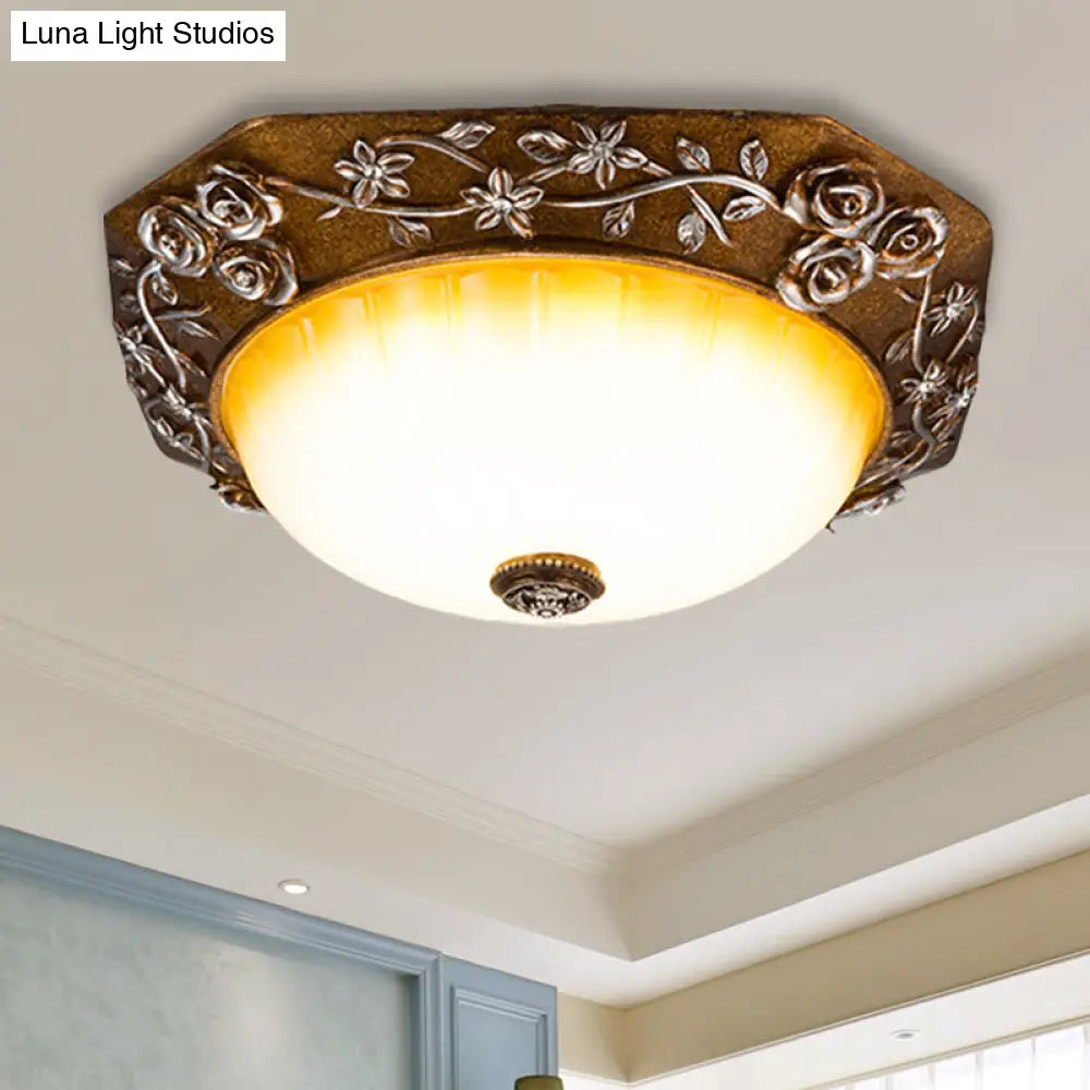 Traditional Flush Mount Led Ceiling Light With Carved Bloom Design In Brown 14/16 Wide / 14