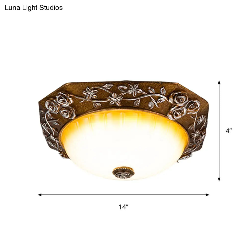 Traditional Flush Mount Led Ceiling Light With Carved Bloom Design In Brown 14/16 Wide