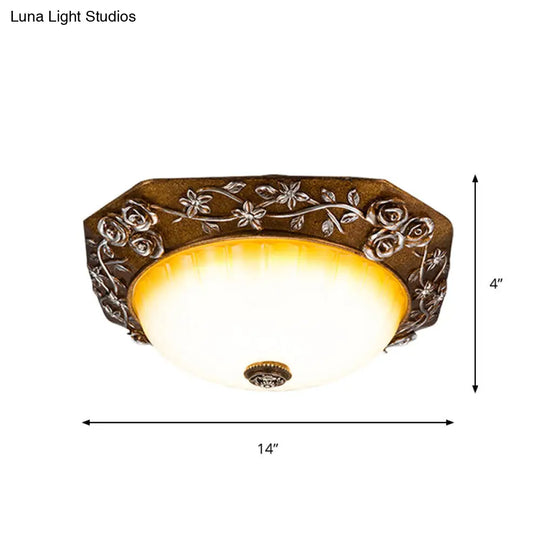 Traditional Flush Mount Led Ceiling Light With Carved Bloom Design In Brown 14/16 Wide