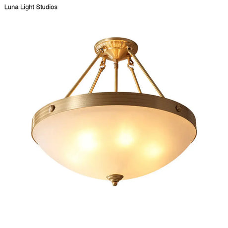 Traditional Frosted Glass Bowl Semi Flush Light - Gold 3 Lights For Dining Room 12’/16’/19.5’ Wide