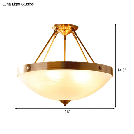 Traditional Frosted Glass Bowl Semi Flush Light - Gold 3 Lights For Dining Room 12’/16’/19.5’ Wide