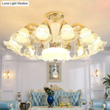 Traditional Glass Chandelier With Gold Floral Shade Ceiling Lighting And Crystal Draping For Living