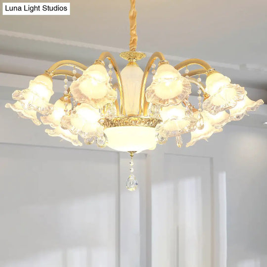 Traditional Glass Chandelier With Gold Floral Shade Ceiling Lighting And Crystal Draping For Living