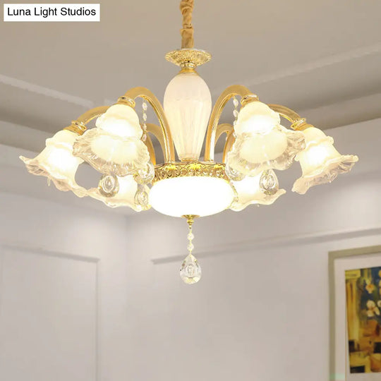 Traditional Glass Chandelier With Gold Floral Shade Ceiling Lighting And Crystal Draping For Living