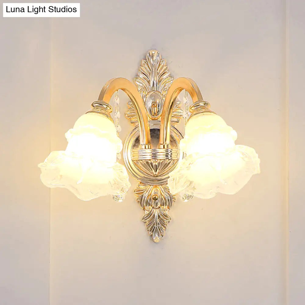 Traditional Glass Chandelier With Gold Floral Shade Ceiling Lighting And Crystal Draping For Living