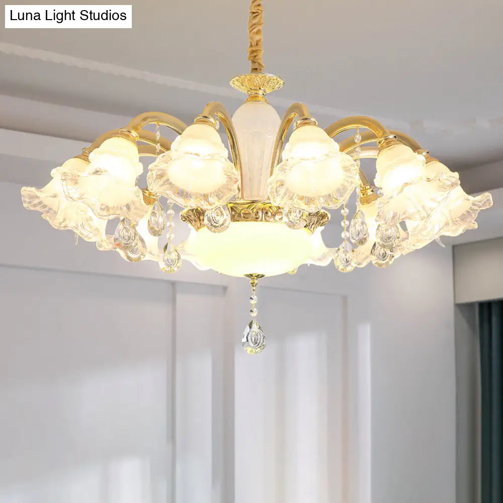Traditional Glass Chandelier With Gold Floral Shade Ceiling Lighting And Crystal Draping For Living