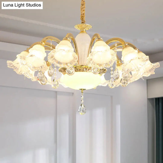 Traditional Glass Chandelier With Gold Floral Shade Ceiling Lighting And Crystal Draping For Living