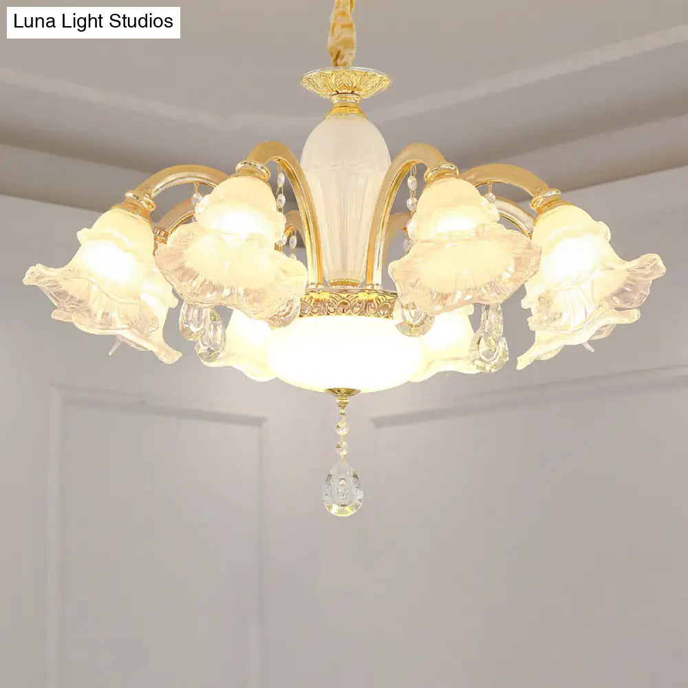 Traditional Glass Chandelier With Gold Floral Shade Ceiling Lighting And Crystal Draping For Living