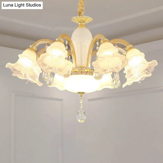 Traditional Glass Chandelier With Gold Floral Shade Ceiling Lighting And Crystal Draping For Living