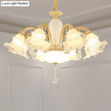 Traditional Glass Chandelier With Gold Floral Shade Ceiling Lighting And Crystal Draping For Living