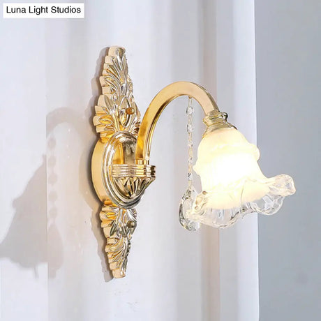 Traditional Glass Chandelier With Gold Floral Shade Ceiling Lighting And Crystal Draping For Living