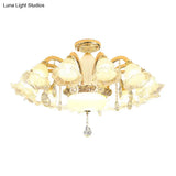 Traditional Glass Chandelier With Gold Floral Shade Ceiling Lighting And Crystal Draping For Living
