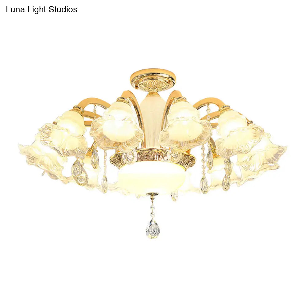 Traditional Glass Chandelier With Gold Floral Shade Ceiling Lighting And Crystal Draping For Living
