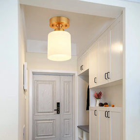 Traditional Gold Cylinder Glass Flush Fixture - 1 Light Living Room Ceiling