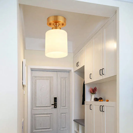 Traditional Gold Cylinder Glass Flush Fixture - 1 Light Living Room Ceiling