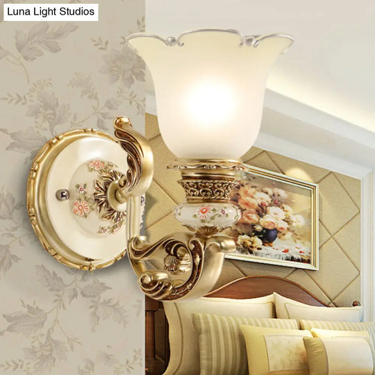 Traditional Gold Flower Shade Wall Sconce Light With Frosted Glass - Perfect For Dining Room