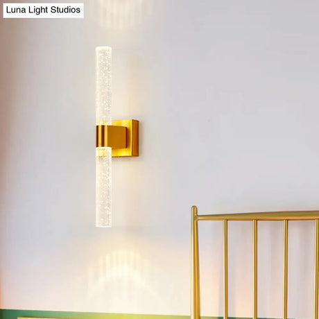 Traditional Gold Led Wall Sconce With Clear Bubble Crystal - Linear Bedroom Lighting Fixture