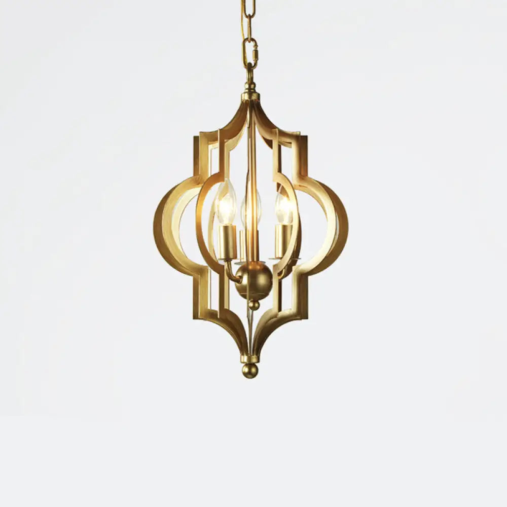 Traditional Gold Metal Hanging Candle Chandelier With Cage For Dining Room - 3 Bulbs 12.5/28 Wide