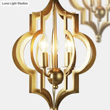 Traditional Gold Metal Hanging Candle Chandelier With Cage For Dining Room - 3 Bulbs 12.5/28 Wide