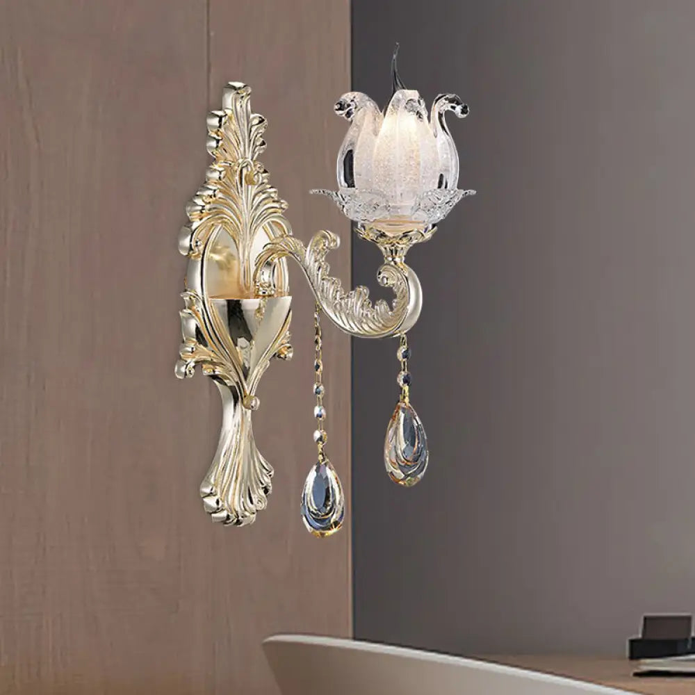 Traditional Gold Semi-Open Flower Frosted Glass Sconce For Living Room Wall. 1 /