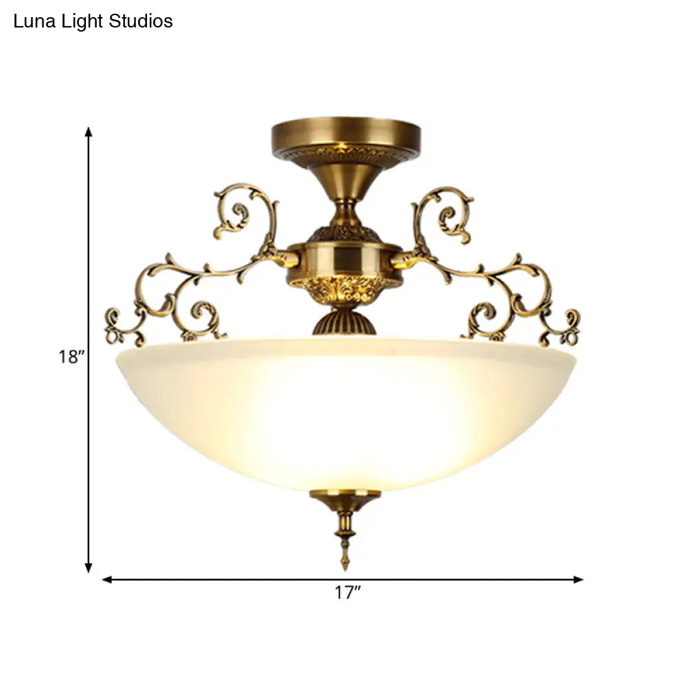 Traditional Gold Swirling Arm Ceiling Lamp With 3 Wide Bowl Lights 13/17 Semi Flush Mount