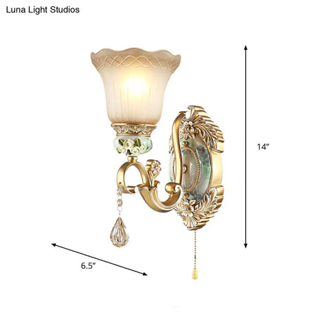 Traditional Gold Wall Sconce With Opal Glass Shade & Carved Rose Detail