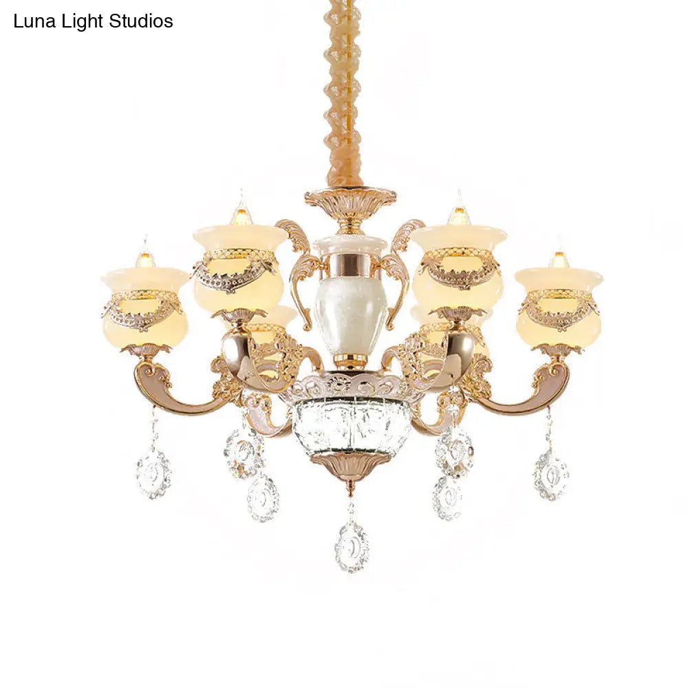 Traditional Jade Gold Chandelier With 6-Light Candle Lighting And Crystal Drop