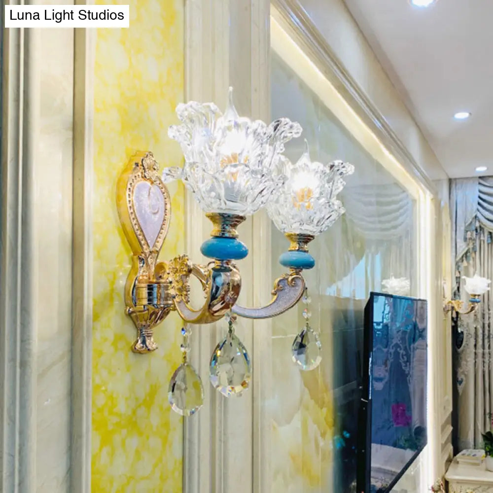 Traditional Layered Flower Wall Light Kit - Gold-Blue Clear Crystal 1/2-Head Lighting
